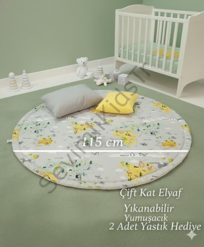 Yuvarlak Oyun Minderi 115 cm | Çift Kat Elyaflı Pamuklu Oyun Matı